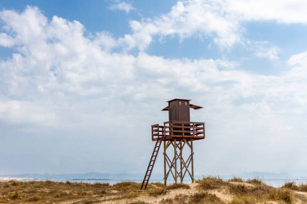 Landscape of isolated lifeguard post , Tarifa beach.