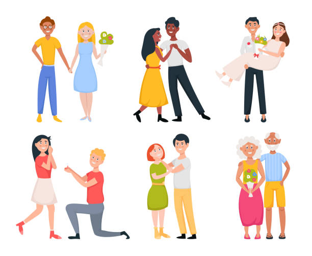 ilustrações, clipart, desenhos animados e ícones de um par de casais românticos fofos apaixonados. pessoas felizes se abraçam, de mãos dadas, dançando. propondo, recém-casados, casal velho - engagement heterosexual couple couple child