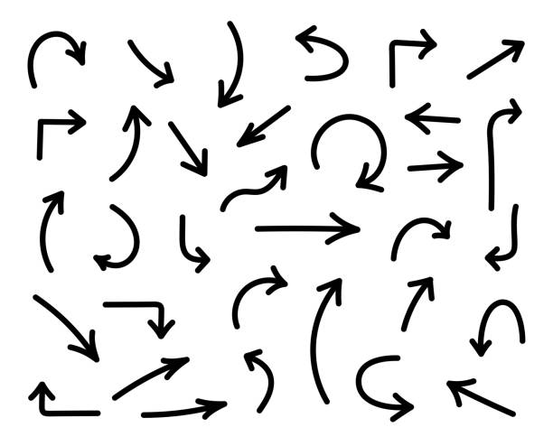 set of black hand drawn thin arrows. arrows in hand drawn style. isolated on white background. editable stroke. vector illustration - 箭頭符號 幅插畫檔、美工圖案、卡通及圖標