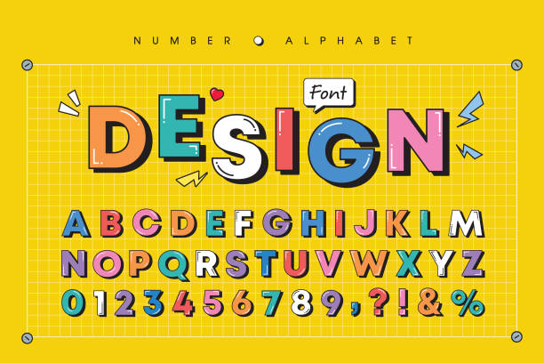 Retro & playful multicolor font Modern playful alphabet letter and number set. Bright, vivid multicolor funky font or typography. Vector bold font for poster, flyer, book cover, greeting card, product packaging, graphic print, etc. typography stock illustrations