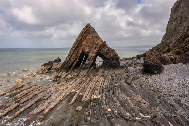 Stunning aerial drone flying landscape image of Blackchurch Rock on Devonian Geological formation in England