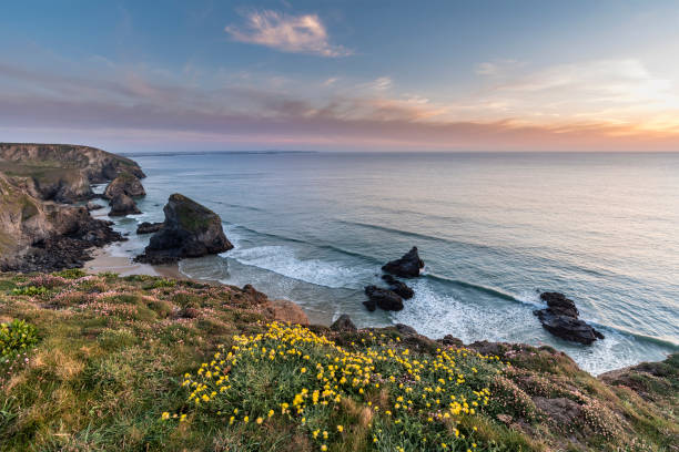 istock Beautiful landscape image during Spring golden hour on Cornwall coastline at Bedruthan Steps 1324402796