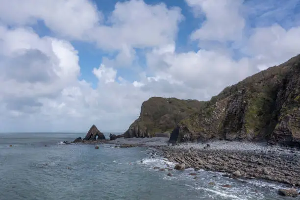 Stunning aerial drone flying landscape image of Blackchurch Rock on Devonian Geological formation in England