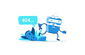 Missile crashed Page not found error 404. Robot ran mascot character. Support service-center repair. Vector illustration. Running for help.