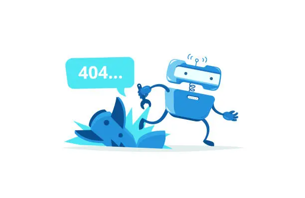 Vector illustration of Missile crashed Page not found error 404. Robot ran mascot character. Support service-center repair. Vector illustration. Running for help.