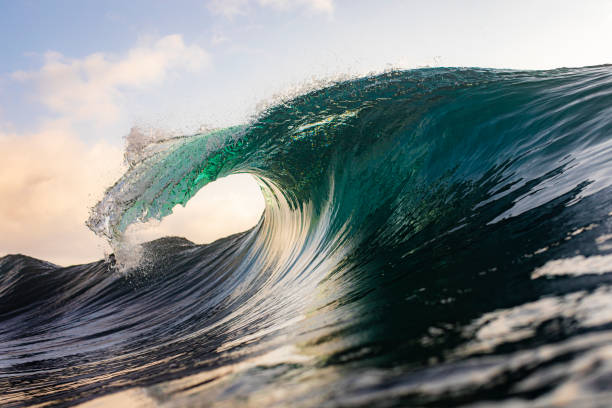 istock Smooth deep green ocean wave breaking in golden morning light 1324403606