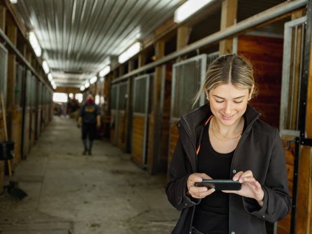 young female horse trainer texting - horse net bildbanksfoton och bilder