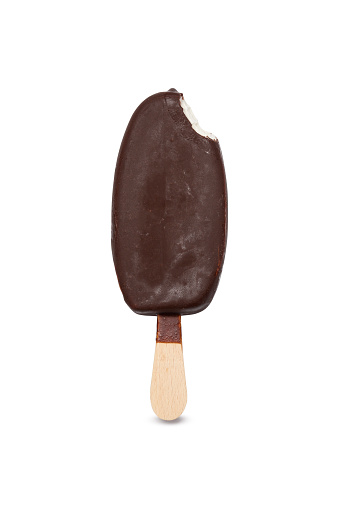 Bitten chocolate dipped ice cream with stick on white background
