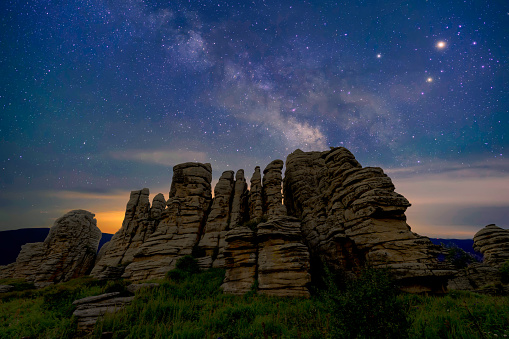 The Milky Way crosses the stone forest of ashhatu, Inner Mongolia, China