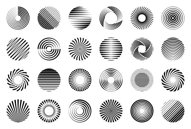 Circle design elements Set of different  circles. Abstract design elements with lines. Vector geometric shapes. in a row stock illustrations