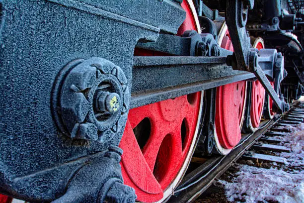 The old iron railway locomotive wheels.