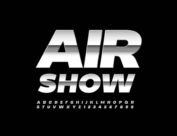 ilustrações, clipart, desenhos animados e ícones de pôster do evento vetorial air show. letras e números do alfabeto metálico definido - airshow