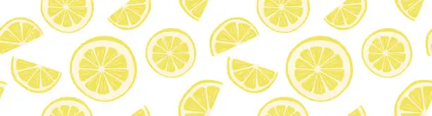 Vector illustration of Cool bright seamless pattern with lemon slices. Beautiful trendy background with juicy summer fruits. Citrus print for T-shirts, wallpaper, wrapping paper, textiles, school supplies, stationery