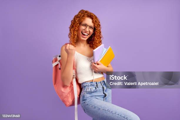 Redhead Girl On Background Stock Photo - Download Image Now - Student, Teenager, Happiness
