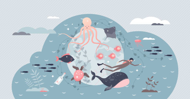 ilustrações de stock, clip art, desenhos animados e ícones de world ocean day and water purity or ecology protection tiny person concept - underwater mine