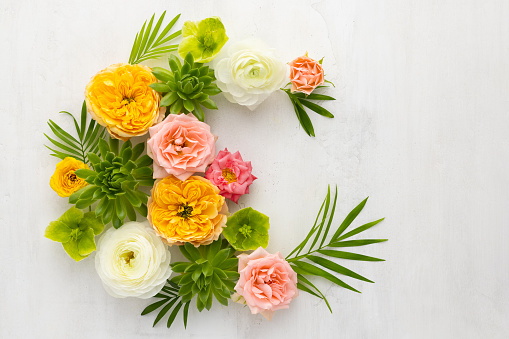Composition of beautiful flowers, succulents and leaves on light background. Flowers frame.Top view, copy space.