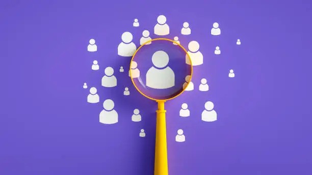 Photo of Human Resources Concept, Magnifier And People Icon On Purple Background, Business Leadership Concept