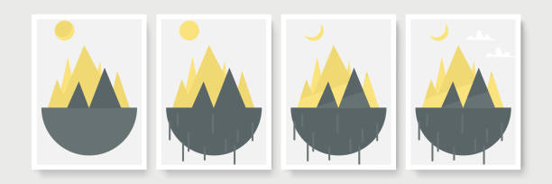 istock Set of four Abstract Aesthetic mid century modern landscape Contemporary boho poster cover template. Minimal and natural Illustrations for art print, postcard, wallpaper, wall art 1324422033