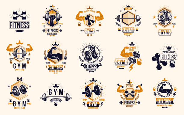 ilustrações de stock, clip art, desenhos animados e ícones de fitness sport emblems logos or posters with barbells dumbbells kettlebells and muscle man silhouettes vector set, athletic workout active lifestyle theme, sport club or competition awards. - human muscle human arm muscular build body building