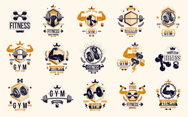 Vector illustration of Fitness sport emblems logos or posters with barbells dumbbells kettlebells and muscle man silhouettes vector set, athletic workout active lifestyle theme, sport club or competition awards.
