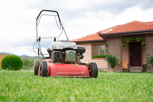 Lawn mower on green grass