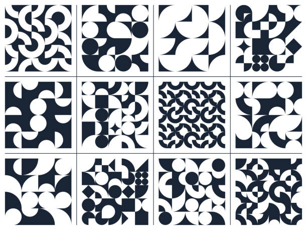 ilustraciones, imágenes clip art, dibujos animados e iconos de stock de patrones abstractos geométricos sin costuras establecidos con elementos simples en blanco y negro de la geometría, fondos de pantalla en estilo retro de los años 70, azulejos de estilo constructivo bauhaus. - modular