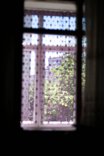 istock Defocused Retro Window Landscape, Polka Dots On The Curtain 1324431834
