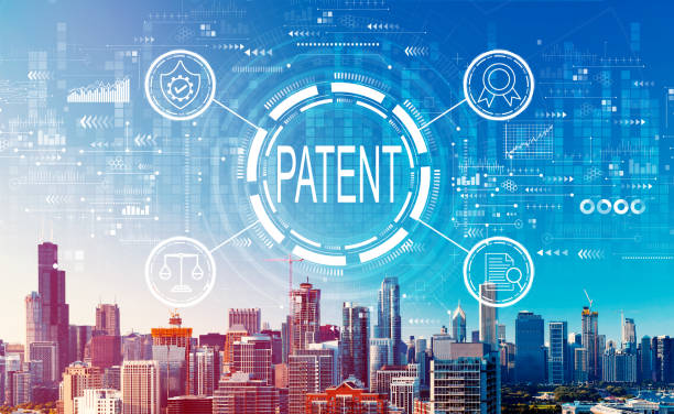 Patent concept with downtown Chicago cityscape stock photo