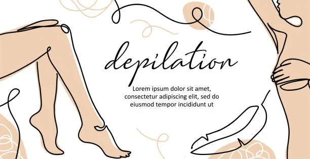 Vector illustration of Body depilation vector banner. Lady legs, armpit simple poster, background, label design. One continuous line art. Body depilation illustration