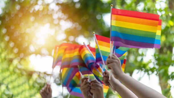 fierté lgbt ou fierté gaie lgbtq+ avec drapeau arc-en-ciel pour les personnes lesbiennes, gays, bisexuelles et transgenres mouvements pour l’égalité sociale des droits de l’homme en juin mois - lgbt pride flag photos et images de collection