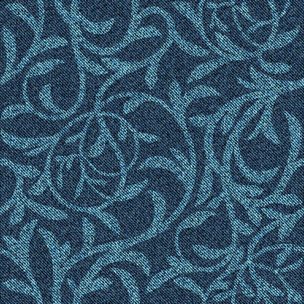 denim nahtlose muster mit floralen ornament. verflochtene zweige mit blättern auf blauem jeanshintergrund. - burlap textile backgrounds textured stock-grafiken, -clipart, -cartoons und -symbole