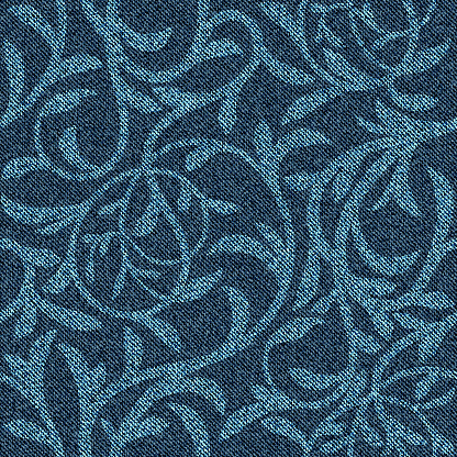 Denim seamless pattern with floral ornament. Intertwined twigs with leaves on blue jeans background. Vector illustration.