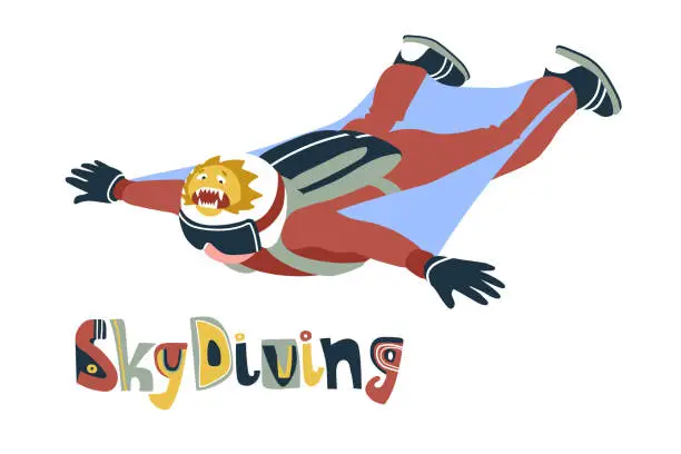 Vector illustration of brave soaring skydiver with a funny cowardly lion on the helmet, extreme sport, wingsuit or parachuting