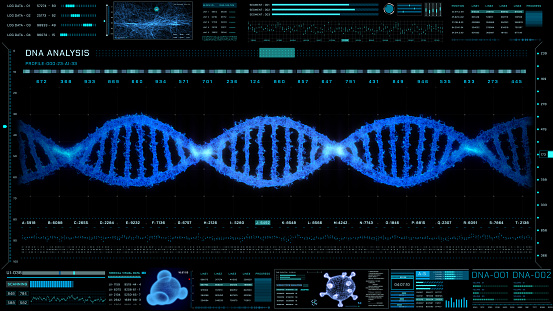 DNA 3D Rendering Strand System Dashboard Hologram Analysis Illustration. HUD dna genome cell structure futuristic spin in screen for education system technology.
