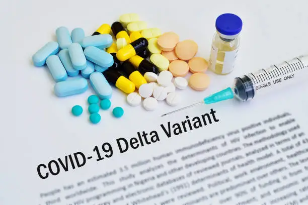 COVID-19 Delta variant treatment, syringe with many drugs for Delta variant of COVID-19 treatment