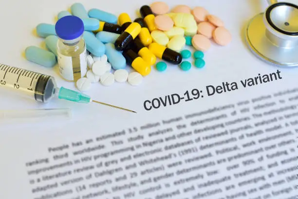 COVID-19 Delta variant treatment, syringe with many drugs for Delta variant of COVID-19 treatment