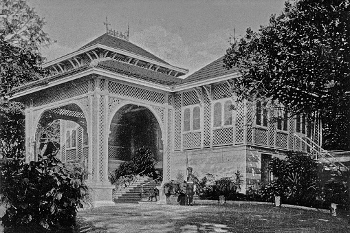 Villa Eugénie in Biarritz, France. Vintage half tone photo etching circa 19th century. The original building was damaged by fire in 1903 and rebuilt.