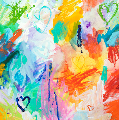 Heart shapes and scribbles- colorful messy painting with acrylic and watercolor colors. my own work.