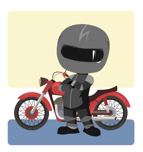 Vector illustration of Biker cartoon. Child illustration. Sports uniform and helmet. Cool motorcycle. Chopper bike. Funny motorcyclist. Isolated on white background. Vector