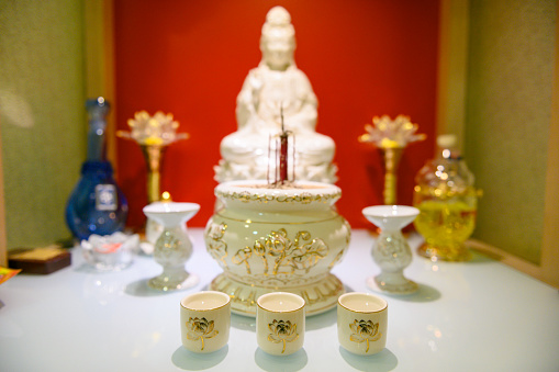 Traditional Buddhist altar set up for prayers