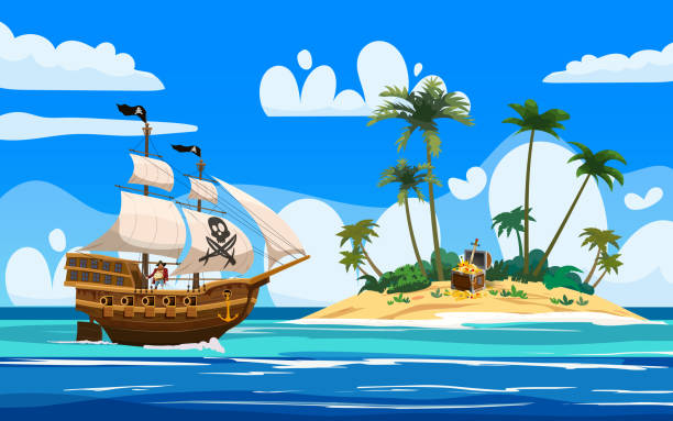 istock Pirate ship naval armed n ocean, Tropical Island, treasure cheast, tropical, palms. Sea landscape coast, beach, sand, adventure, game. Vector illustration 1324479861