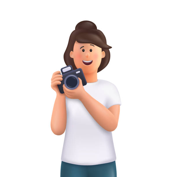 illustrations, cliparts, dessins animés et icônes de jeune femme jane tenant l’appareil photo, prenant des photos et souriant. photographe professionnel, concept de cameraman. illustration de personnages vectoriels 3d. - studio photo