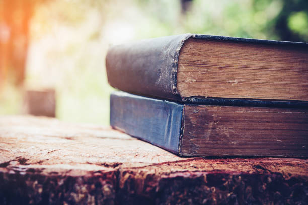 libros antiguos sobre una mesa de madera, alfabetización y concepto de conocimiento - book law instruction manual old fotografías e imágenes de stock