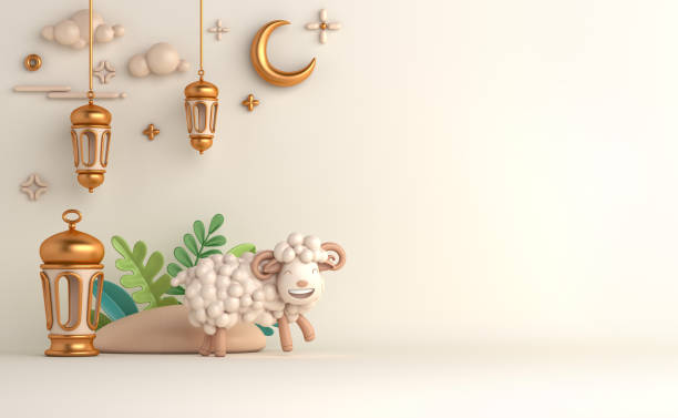 istock Eid al adha islamic decoration background with goat sheep arabic lantern crescent, ramadan kareem, mawlid, iftar, isra miraj, eid al fitr, muharram, copy space text area, 3D illustration. 1324484798