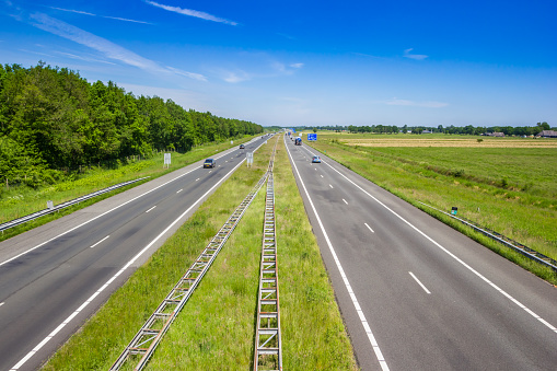 Highway A28 through the landscape of Drenthe, Netherlands