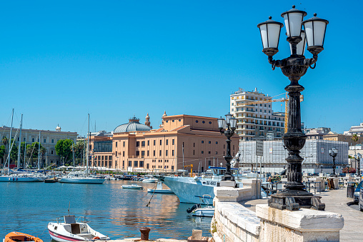 Bari, Italy - June 13, 2020: The capital of Apulia region, a big city on the Adriatic sea, historic public buildings overlooking the waterfront