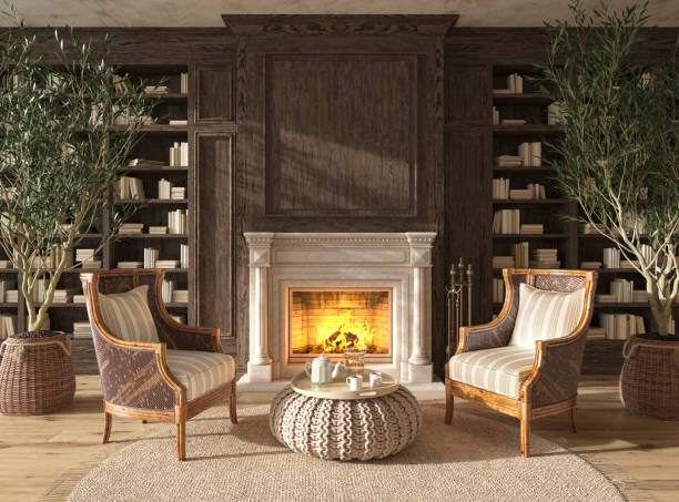 scandinavian farmhouse style living room interior book library with fireplace. mock up. 3d render illustration. - fire place imagens e fotografias de stock