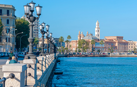 Panoramic view of Bari seafront in the background Basilica San Nicola. Apulia.