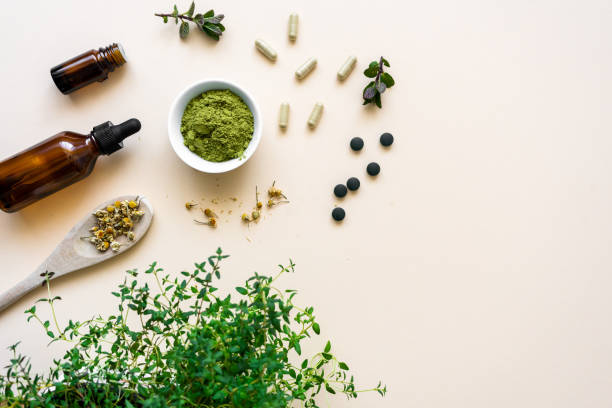 Natural herbal medicine on a beige background