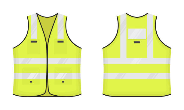 Safety reflective vest icon sign flat style design vector illustration set. Safety reflective vest icon sign flat style design vector illustration set. Yellow fluorescent security safety work jacket with reflective stripes. Front and back view road uniform vest. waistcoat stock illustrations